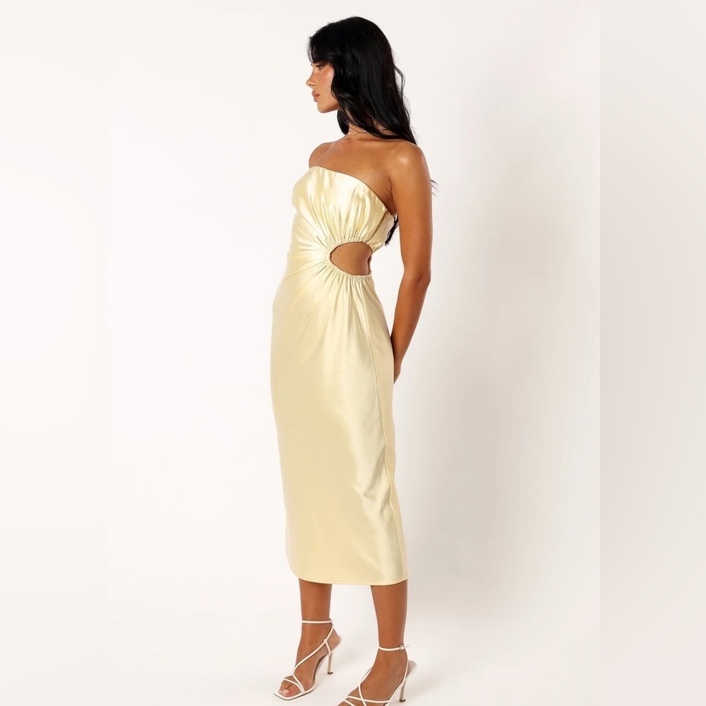 Saraya Midi Dress yellow butter strapless spring wedding elegant cut-out sleek - Picture 3 of 10